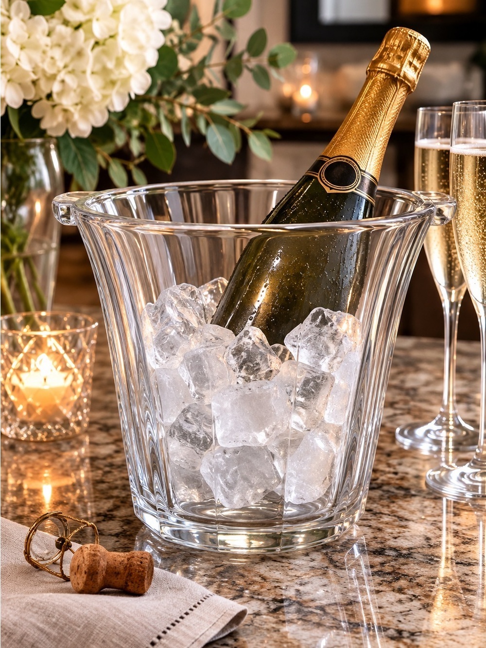 Heavy European- style lead free crystal-style glass ice bucket or wine cooler